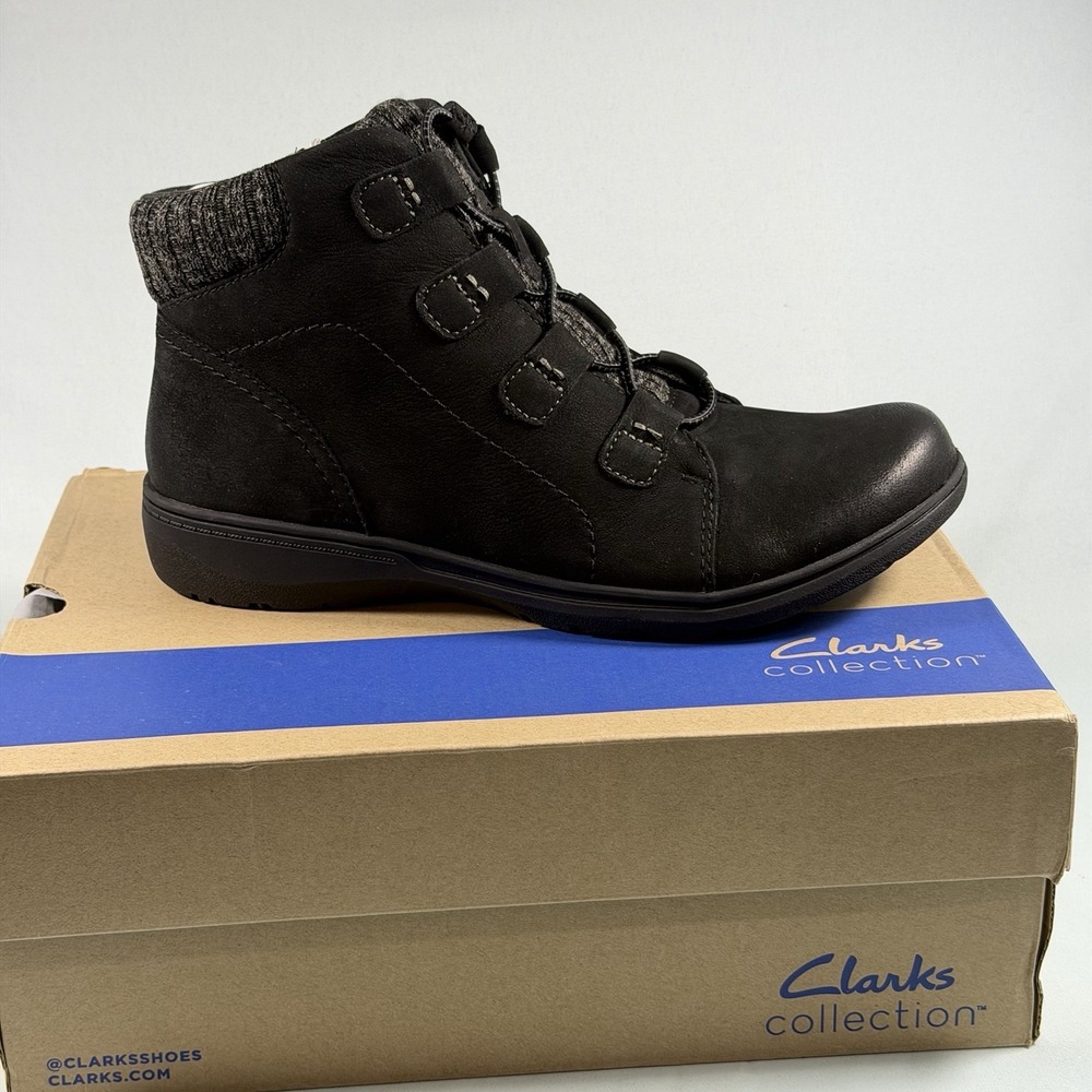 Clarks Collection Size-8.5M Women Carleigh Jade Leather & Knit Ankle Boots Black